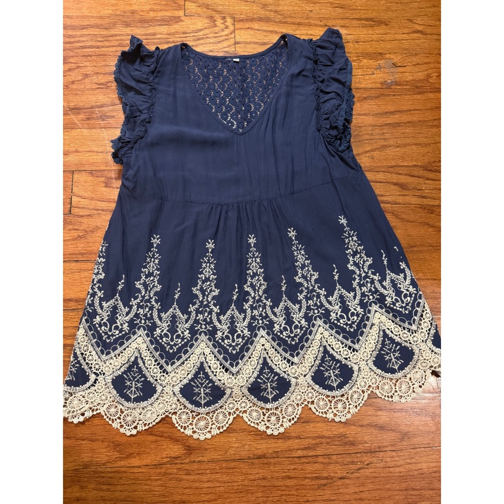 Navy Blue Embroidered Boho Lace‎ babydoll Top Ruffle Cap Sleeve V-Neck Size M